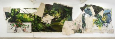 Selva larga interrumpida - 2020 - Collage de oleo sobre tela bordado sobre tela oleo y esmalte sobre carton y caucho - 258x860cm