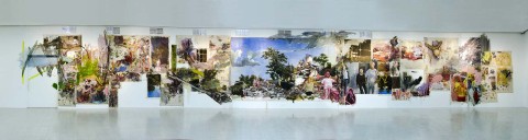 Obra Vicky Neumann, Univesidad Nacional de Colombia. Tamaño: 28.50 x 4.50 mts. Acrílico y oleo sobre tela , collage y mugre